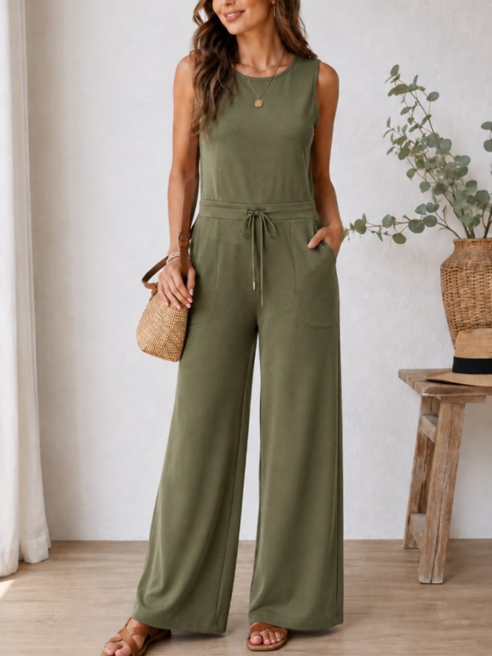 ANRABESS Women’s Olive Gray Sleeveless Wide Leg Heavyweight Jumpsuit Size L
